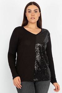 Kadın Siyah Pul Payet Işli Viskon V Yaka Bluz 65N12667
