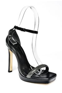 Fox Shoes-P569112359 Abendkleid-Schuhe aus schwarzem Metallic-Stoff mit einem Band und Stein 8