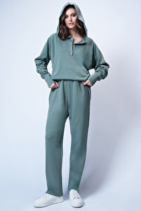 Trend Alaçatı Stili Mint Kapüşonlu Çıtçıtlı Oversize Sweatshirt Ve