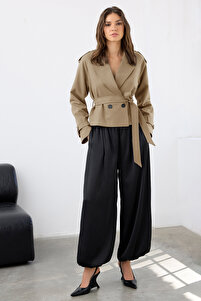Trendyolmilla Vizon Premium Dokuma Crop Blazer Ceket