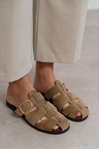 NİŞANTAŞI SHOES Honey Rome Bej Hakiki Süet Toka Detaylı Düz Taban
