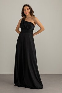 vuvutasarm Lined Glitter Fabric One Shoulder Asymmetric Collar Maxi Length  Black Graduation Dress Engagement Dress 38995- Trendyol