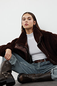 Trendyolmilla Kahverengi Oversize Kalıp Fermuarlı Peluş Ceket Mont
