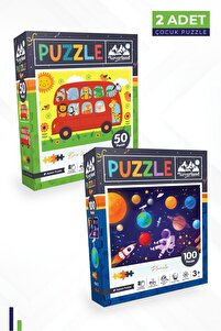 Neverland 2'li Çocuk Yapboz - 50 Parça Hayvanlarla Otobüs Ve 100