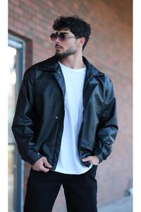 Stilkombin Elastic Waist Oversize Faux Leather Coat Bl 1731_50379
