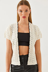 Bianco Lucci Women's Short Sleeve Openwork Knitwear Cardigan
