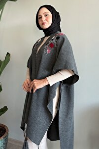 InStyle Anthracite Knitwear Poncho with Embroidery Detail and