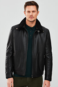 Derimod Mario Erkek Siyah Yakası Kürklü Deri Ceket 23wge65131m