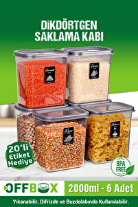 OFFBOX 6 Adet 12 Parça Dikdörtgen 2 Litre Erzak Bakliyat Saklama
