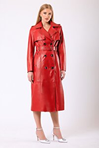 Leather Club Kırmızı Celine Hakiki Deri Trench Kaban - Fiyatı