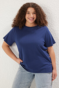 Trendyolmilla Curve Lacivert Boyfriend Fit Yanda Çıt Çıt Detaylı
