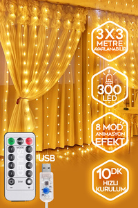 SULED Sl-1034- 300 Ledli 10 Saçaklı Sarı Led Kumandalı 8 Modlu