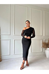 Atmosphere Fashion Short black dress with one sleeve- Trendyol