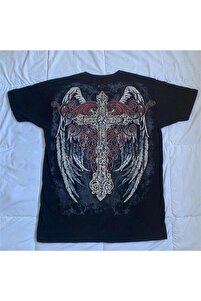 Köstebek Siyah Vintage Angel Wings Cross Cyber Grunge Unisex T
