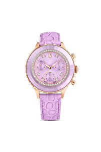 Swarovski Octea Chrono Saat, Isviçre Üretimi, Deri Kayış, Mor