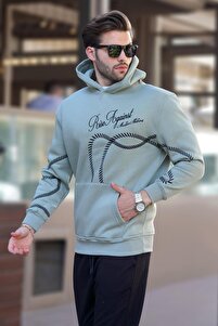 Madmext Çağla Yeşil Baskılı Kapşonlu Cep Detaylı Erkek Sweatshirt