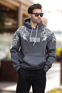 Madmext Füme Kapüşonlu Cep Detaylı Baskılı Erkek Sweatshirt 7052
