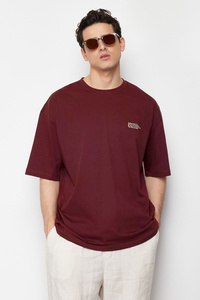 Trendyol Collection Burgundy Oversize 100% Cotton Crew Neck