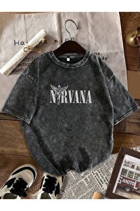 Touz Moda Nirvana Baskılı Yıkamalı Vintage Unisex Oversize T-Shirt