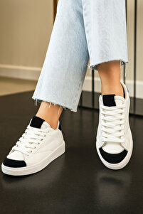 Nstil Günlük Beyaz Siyah Kadın Sneaker Bağcıklı Tırtıklı Taban