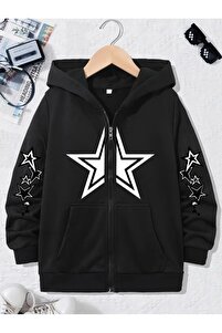 Touz Moda Y2k Star Baskılı Oversize Fermuarlı Siyah Unisex