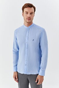 Sabri Özel Men's blue regular fit 100% linen judge collar shirt