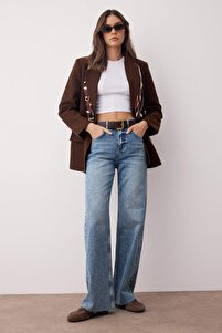 Trendyolmilla Mavi Yüksek Bel Paçası Kesikli Az Esnek Wide Leg