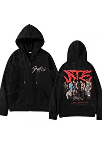 Touz Stray Kids Baskılı Oversize Fermuarlı Siyah Unisex Kapüşonlu