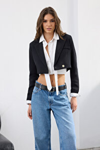 Trendyolmilla Siyah Crop Astarlı Dokuma Blazer Ceket TWOAW22CE0086