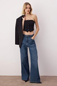 Trendyolmilla Siyah Straplez Düğme Detaylı Crop Dokuma Bluz