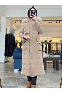 Zühre Kadın Kürk Kapüşonlu Cep Detaylı Bej Mont 13685 - Fiyatı