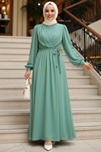 Neva Style Balloon Sleeve Mint Hijab Dress 5796Mint- Trendyol