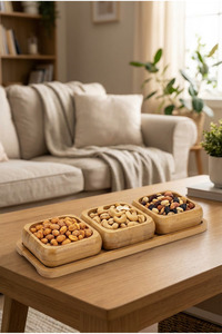 MAKRİ HOME Bambu 3'lü Çerezlik & Kuruyemiş Sunum Seti Kare