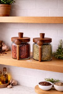 OMA.TOP Walnut＋OMA1/2UNIT Glassx2セットのセット Paşabahçe 2'li Akasya Kapaklı Kaşıklı Vakumlu Cam Kavanoz Seti
