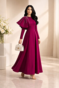 Abad Long burgundy Turkish dress with an embroidered shoulder detail-  Trendyol