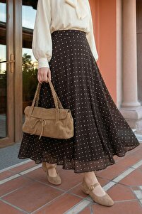 InStyle Flared Polka Dot Brown Chiffon Skirt- Trendyol