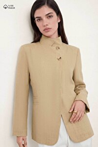 Hooopstore Keten Görünümlü Tek Düğmeli Dik Yaka Safran Blazer