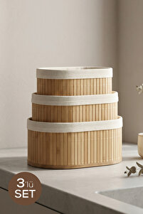 Vienev 3'lü Set Oval Bambu Organizer Sepet | Banyo Mutfak Dolap