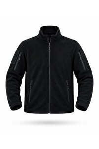 SİNGLE SWORD Men's Tactical Military Black Fleece Zip-Up Cardigan