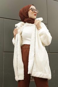 kadın modest basic mevsimlik kışlık Fermuarlı cepli Peluş Tesettür Hırka kap ürün fotoğrafı