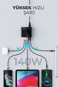 140W Gan Teknoloji 5-Portlu PD 3.1 Göstergeli Hızlı Şarj Cihazı (Macbook, Iphone Uyumlu) ürün fotoğrafı