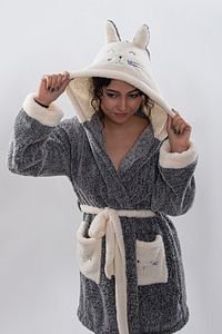 Kadın Gri Nakışlı Kapüşonlu Wellsoft Peluş Sabahlık ürün fotoğrafı