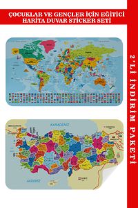 Türkçe Dünya Ve Türkiye Haritası Eğitici Ülke Bayraklı Çocuk Odası Genç Odası Duvar Sticker-3882b ürün fotoğrafı