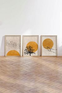 Ahşap Çerçeveli Güneş Kuş Desenli 3’lü Tablo Huhu147 ürün fotoğrafı