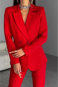 Kırmızı Kruvaze Blazer Ceket Havuç Pantolon Takım Elbise ürün fotoğrafı