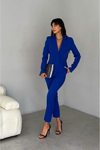 Saks Mavi Kruvaze Blazer Ceket Havuç Pantolon Takım Elbise ürün fotoğrafı