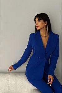 Saks Mavi Kruvaze Blazer Ceket Havuç Pantolon Takım Elbise ürün fotoğrafı