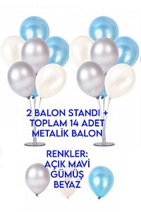 2 Adet 7'li Balon Standı Ve 14 Adet Gümüş -mavi - Beyaz Metalik Balon Set ürün fotoğrafı