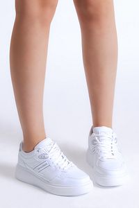 Kadın Beyaz Beyaz Siyah Poli Taban Yanı Şeritli Bağcıklı Sneaker ürün fotoğrafı