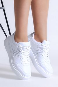 Kadın Beyaz Beyaz Siyah Poli Taban Yanı Şeritli Bağcıklı Sneaker ürün fotoğrafı